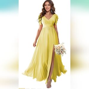 Loyeloy V Neck Flutter Sleeves Bridesmaid Dresses with Slit